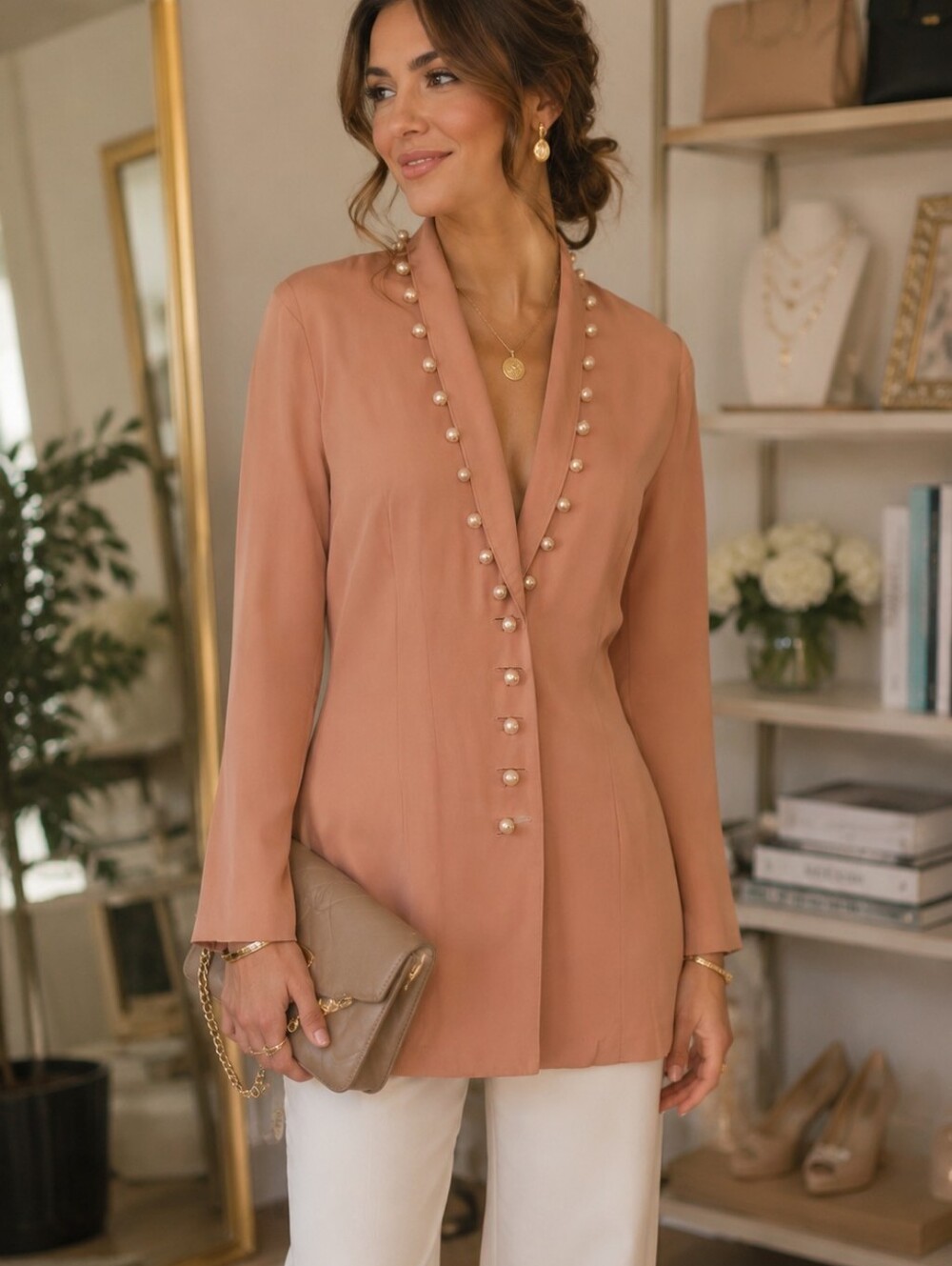 Vintage Francine Browner Pearl Embellished Long Evening Jacket. Size Med